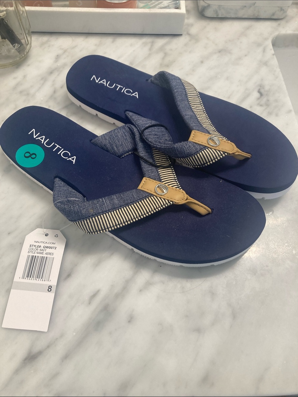 Nautica Navy and Tan Striped Fabric Thong Sandals NWT (size 8)